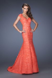 Cap Sleeve Coral Lace Prom Dress