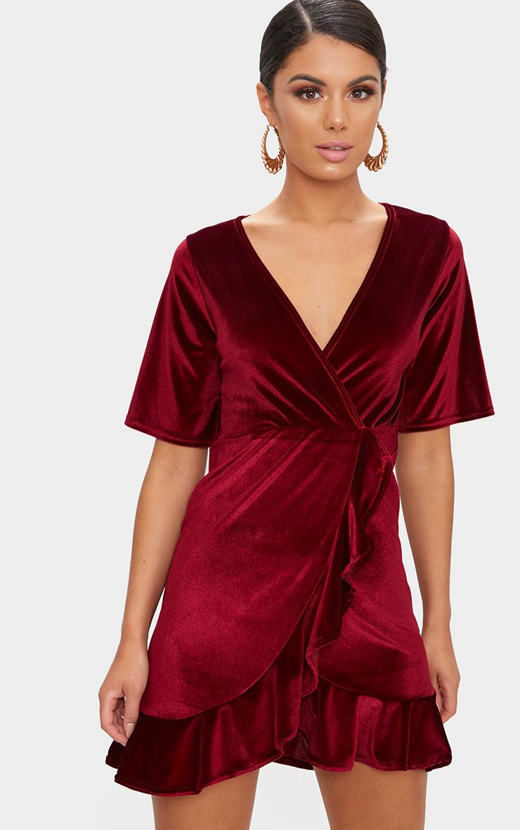 maroon velvet wrap dress