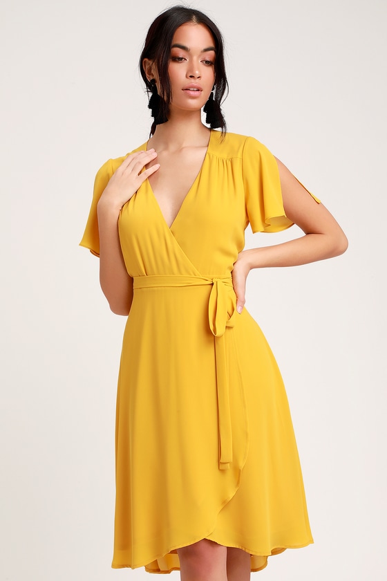 womens yellow wrap dress