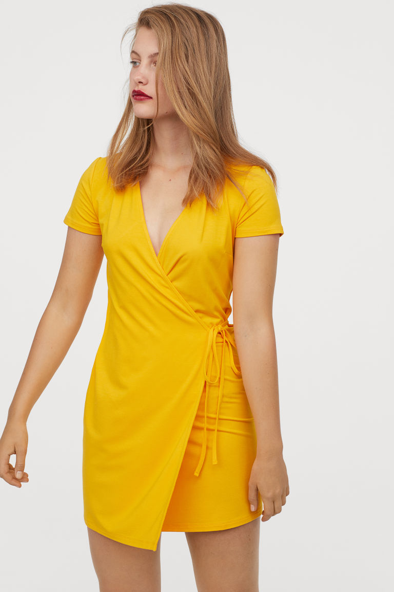 womens yellow wrap dress